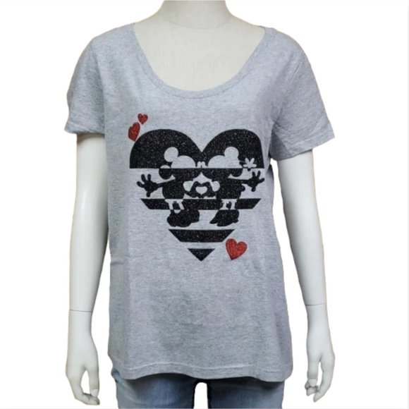 Disney Store Mickey Minnie Tee Women's L Glitter Heart Graphic Gray Shirt - Picture 1 of 6